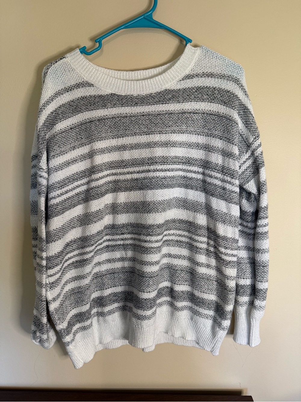 Women's Pink Clover Stitch Fox Grey and White Striped Knit Sweater